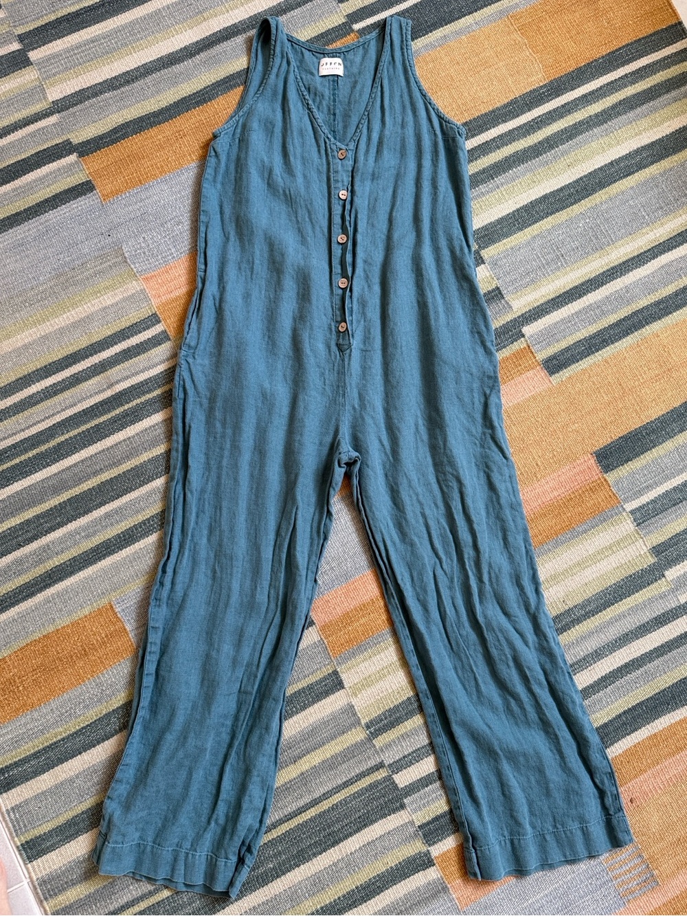 OffOn Clothing Loose Linen V-Neck Jumpsuit Blue Medium Like New